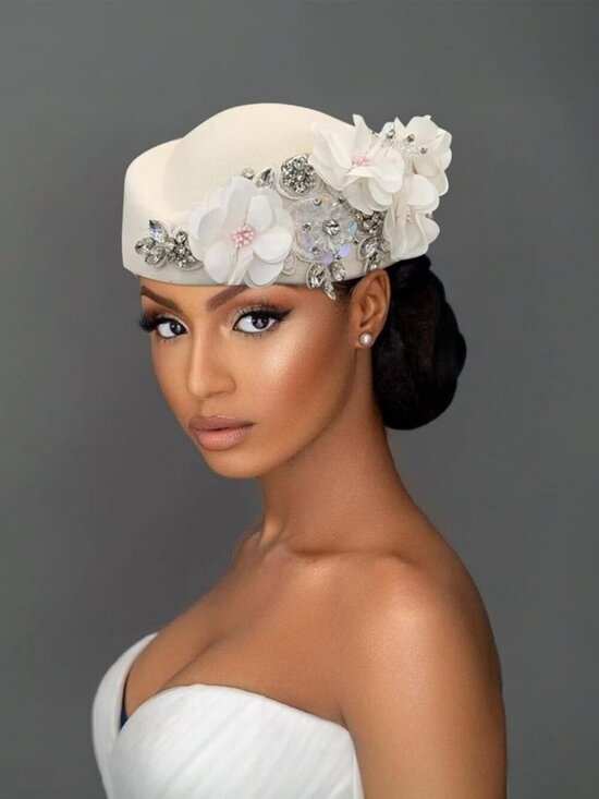 Women\'s British Felt hat Church Derby Headdress Floral Beret hat White